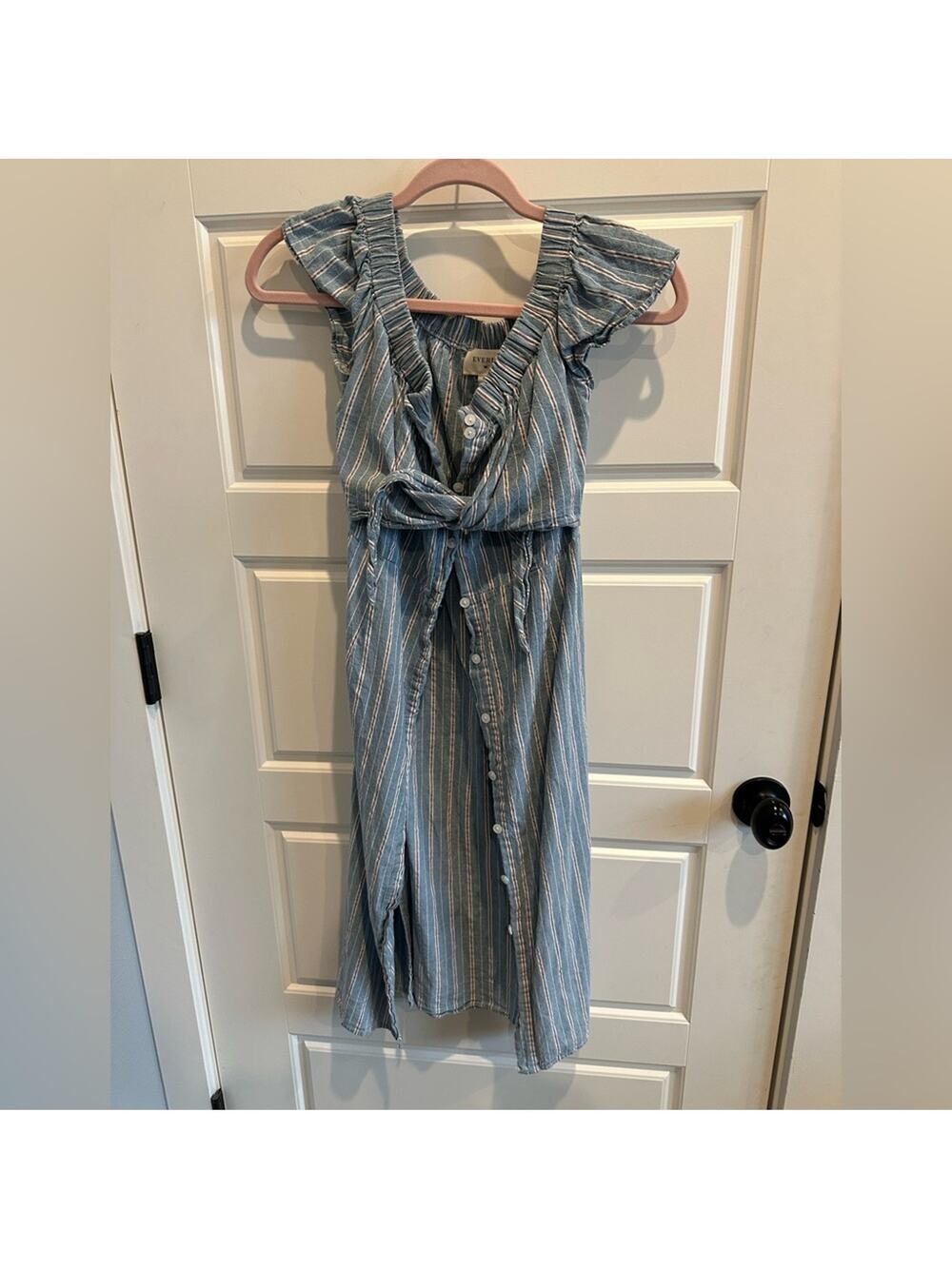 Everly Stripe Poplin Ruffle Sleeve Button Down Dress